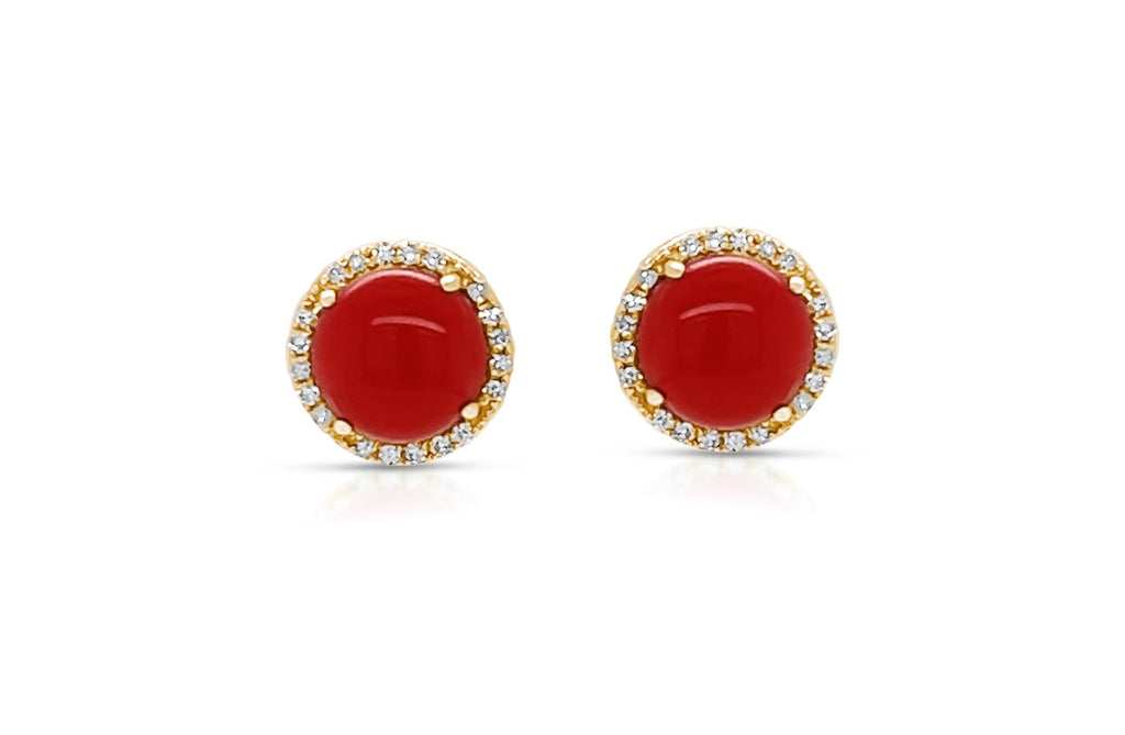 Earrings 18Kt Gold Natural Coral & Diamonds Halo