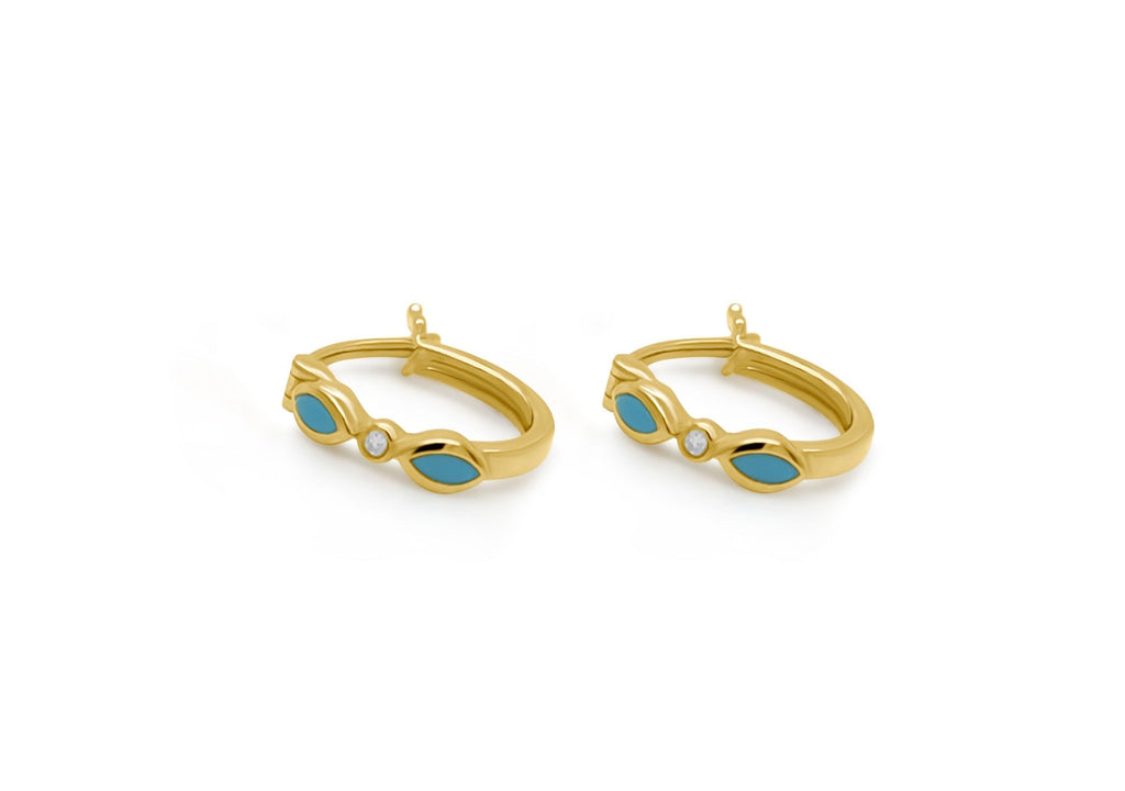 Earrings 14kt Yellow Gold Mini Hoops with Turquoise and Diamonds