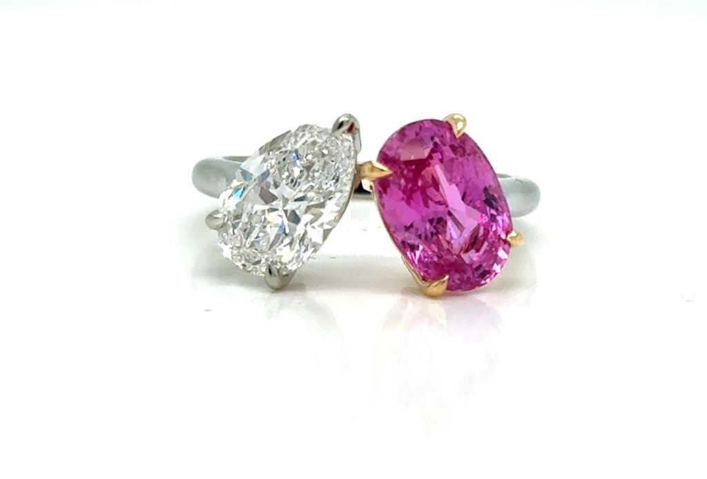 Ring 18Kt Gold GIA Pear Diamond and Oval Pink Sapphire