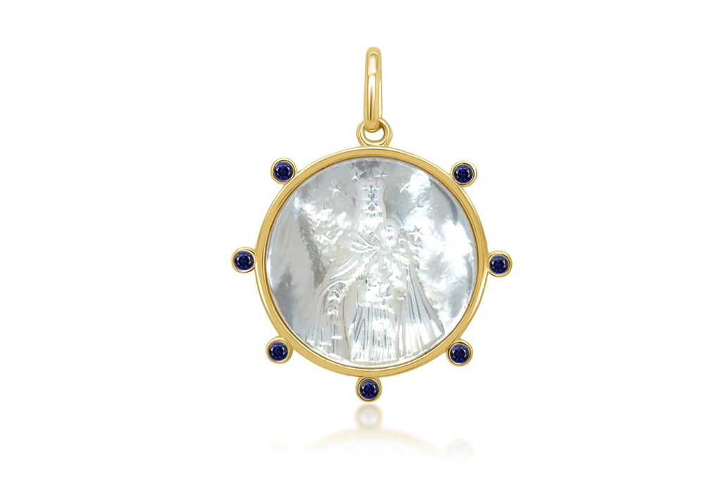 Necklace 18kt Gold Mother Pearl Sapphires Medal Pendant