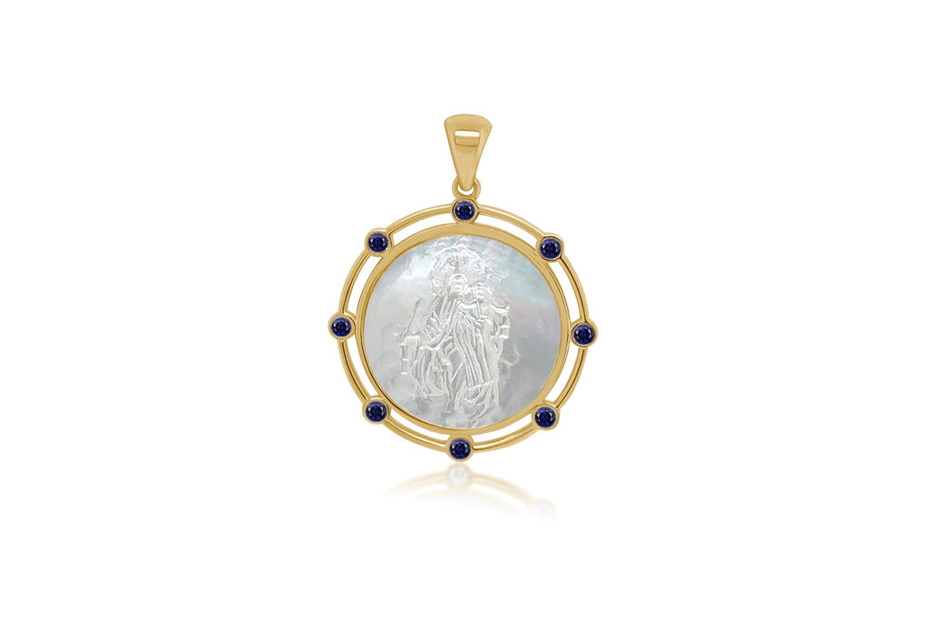 Necklace 14kt Gold Mother Pearl Sapphires Medal Pendant