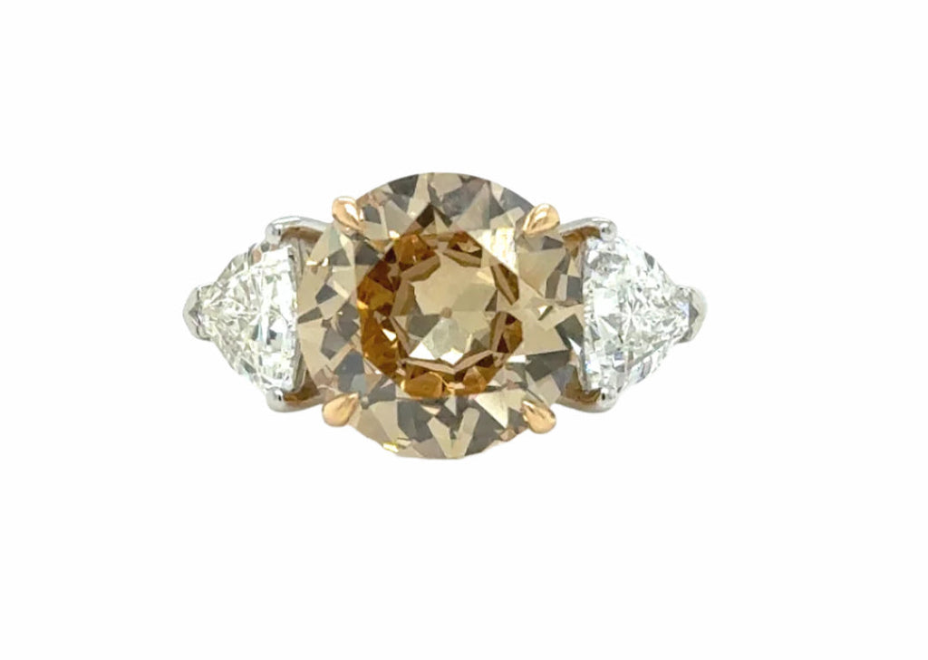 Ring Platinum and Gold Fancy Yellowish Brown Diamond 3.21 cts GIA