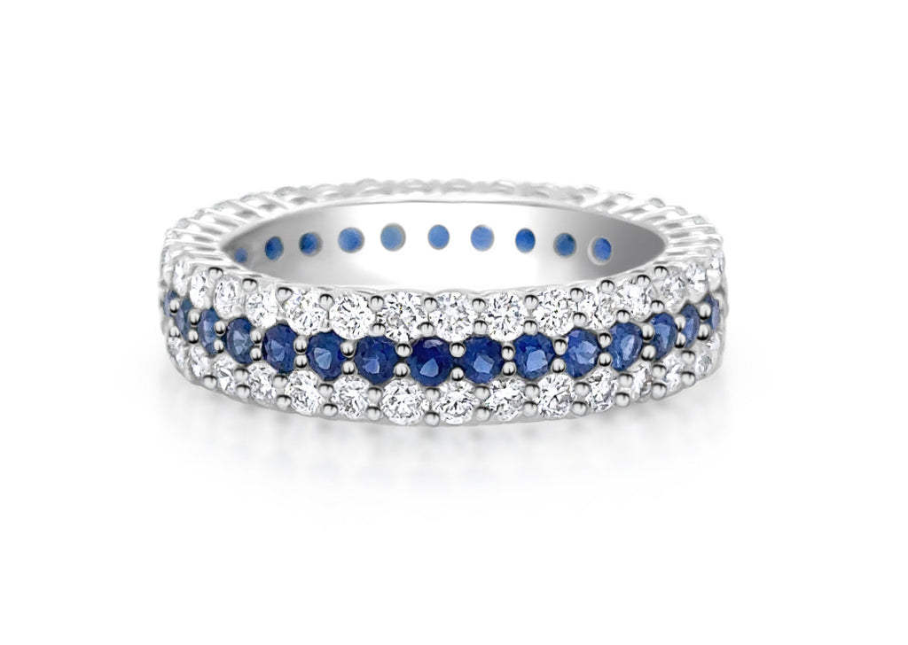 Ring 18kt Gold 3-Row Band Blue Sapphires & Diamonds