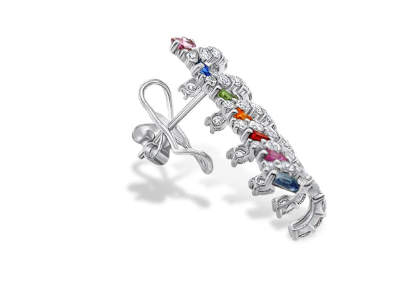 Earrings 18kt Gold Emerald Cut Multicolor Sapphires & Round Diamonds Lobe Studs