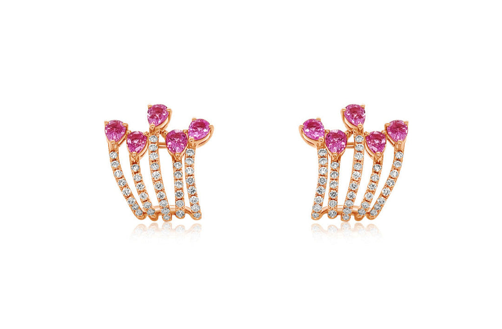 Earrings 18kt Gold Pear Pink Sapphires & Round Diamonds Lobe Studs