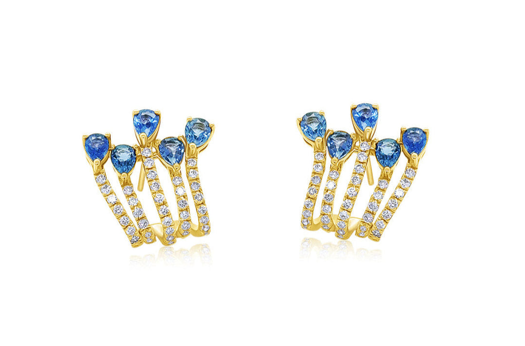 Earrings 18kt Gold Pear Blue Sapphires & Round Diamonds Lobe Studs