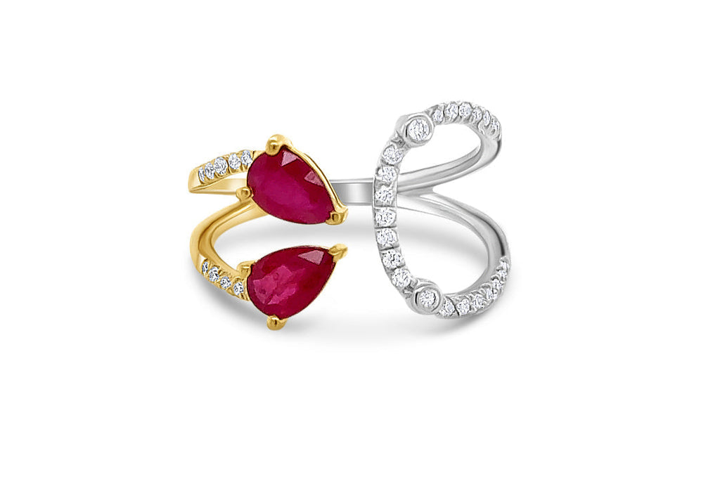 Ring 18kt Mixed Gold 2 Pear Rubies with Diamonds