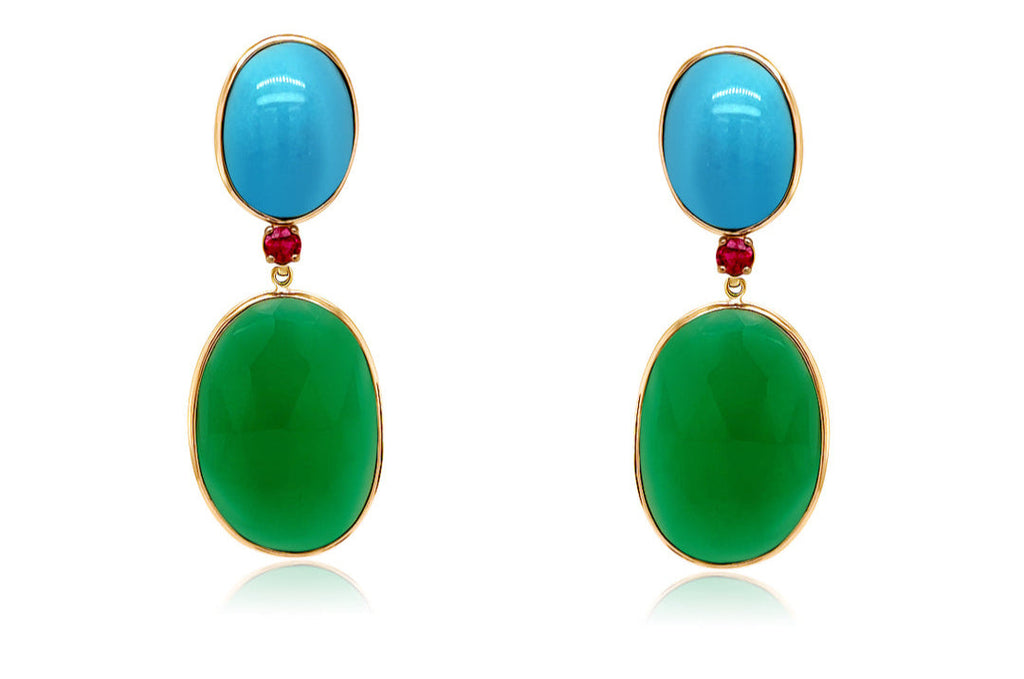 Earrings 14kt Gold Turquoise, Ruby & Green Agate