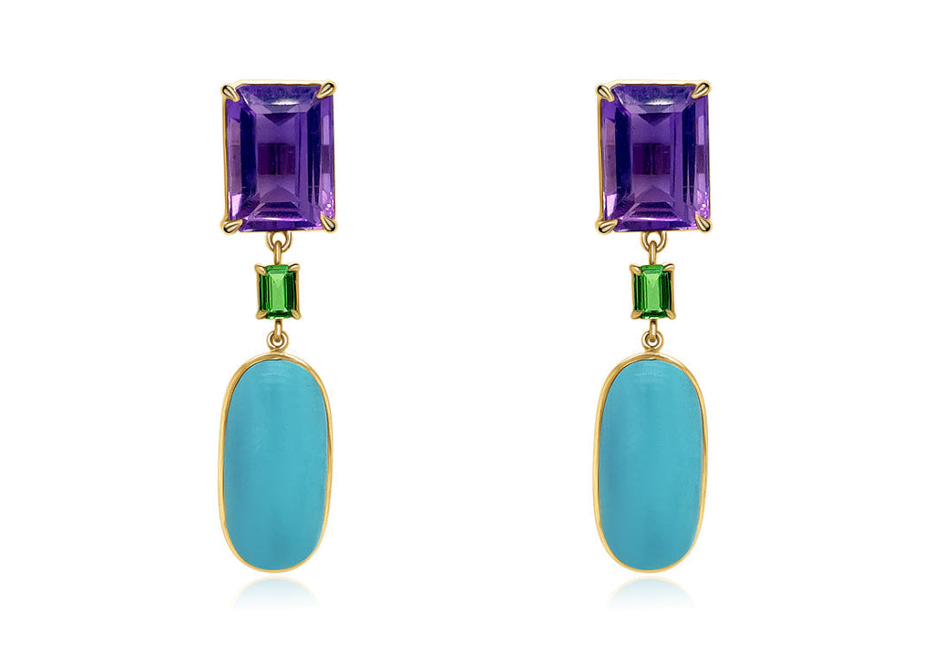 Earrings 14kt Gold Amathyst & Turquoise Ovals with Tsavorite