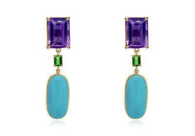 Earrings 14kt Gold Amathyst & Turquoise Ovals with Tsavorite
