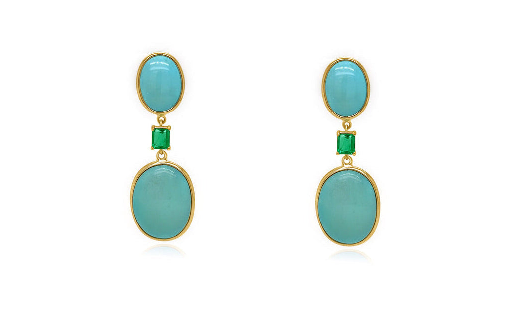 Earrings 18kt Gold Turquoise Ovals with Emeralds