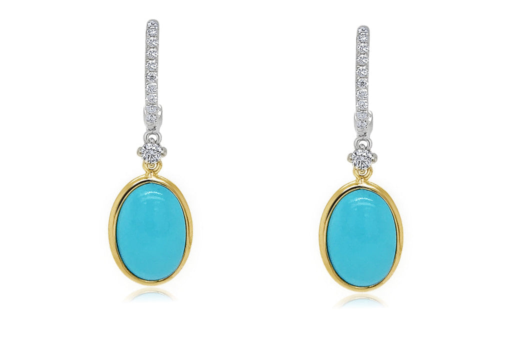 Earrings 18kt Mixed Gold Turquoise Ovals with Diamonds Hoops