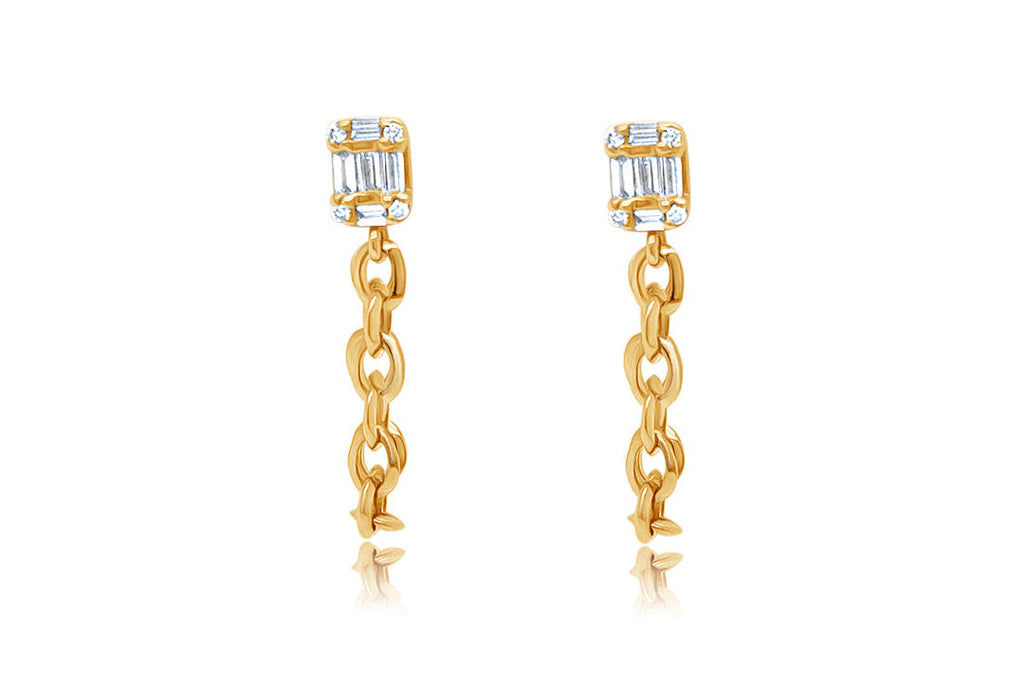 Earrings 14kt Gold Studs Mixed Diamonds and Chain