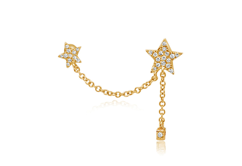 Earrings 14kt Gold Double Stud Chain & Diamonds
