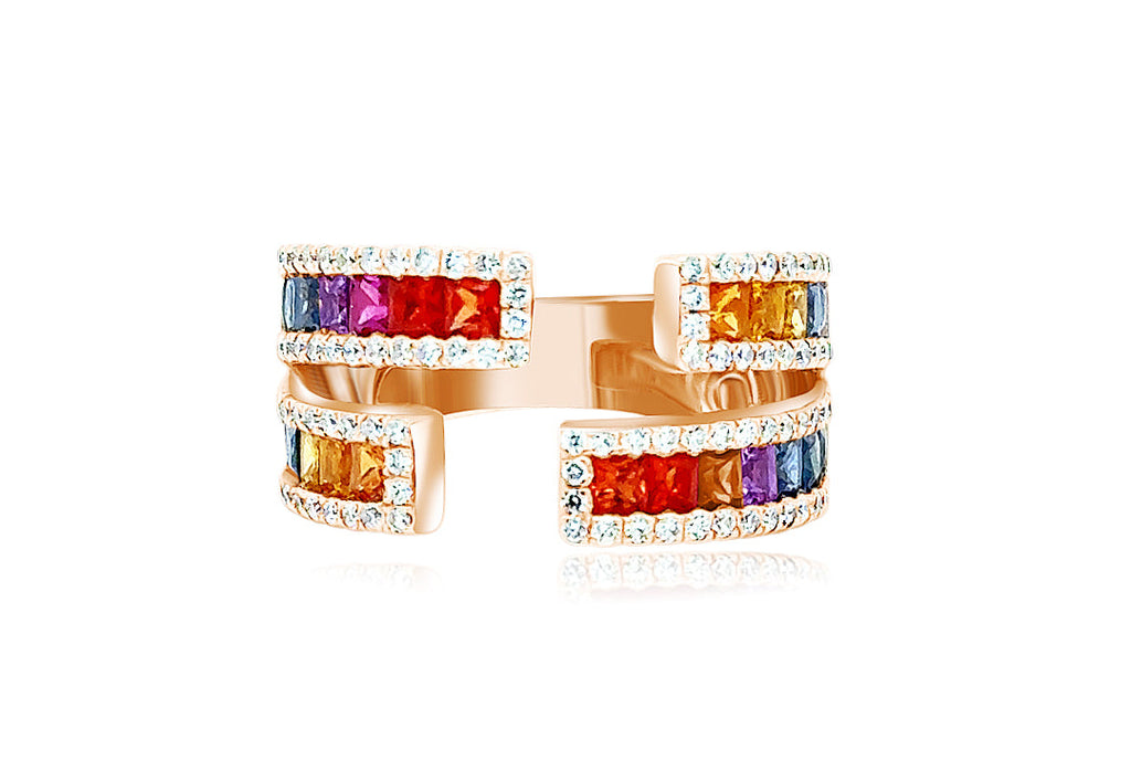 Ring 18kt Gold Multicolor Double Band Open Ring & Diamonds