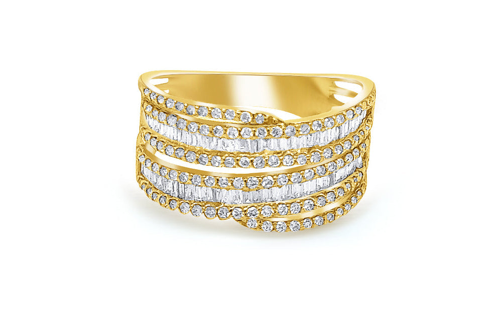 Ring 18kt Yellow Gold Round & Baguette Diamonds Double Band