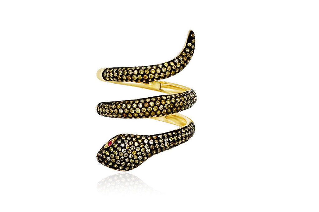 Ring 18kt Gold Snake Yellow Diamonds and Ruby