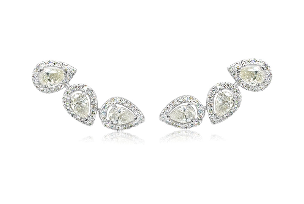 Earrings 18kt Gold Climbers Pear Diamonds with Halo