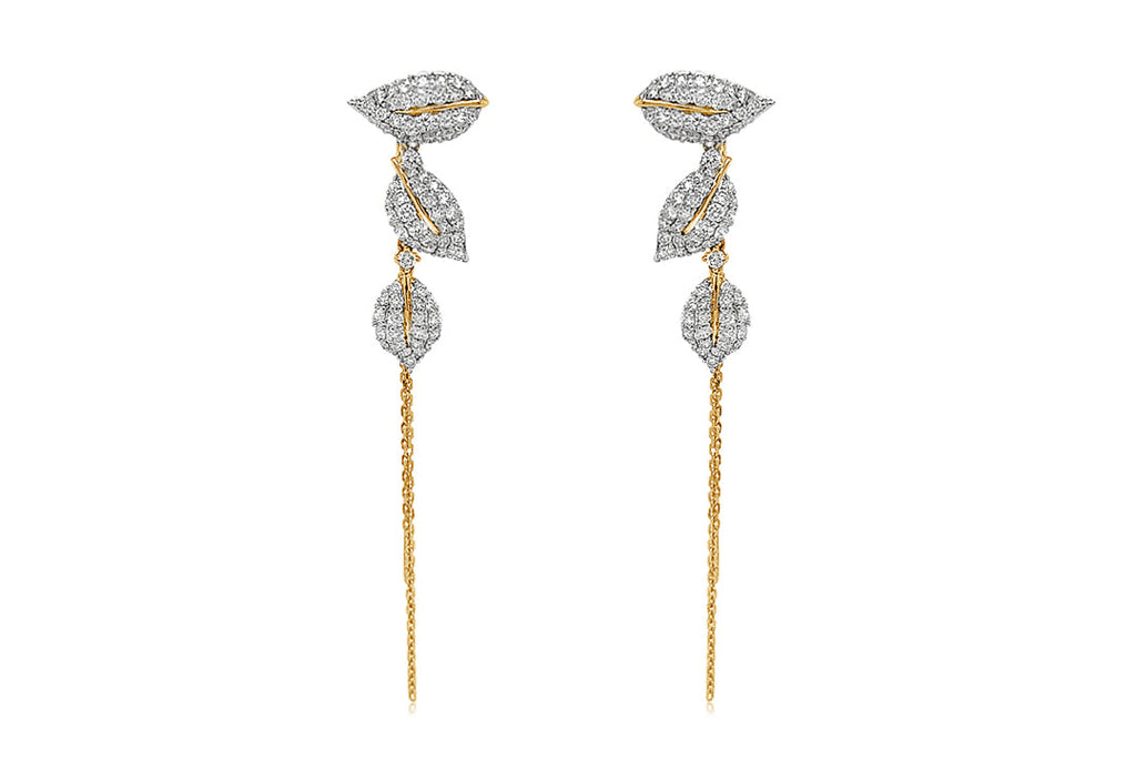 Earrings 18kt Gold Leaf Shape Diamonds and Long Chain
