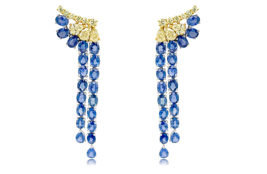 Earrings 18kt Gold Blue Sapphires Two Line Drops and Diamonds