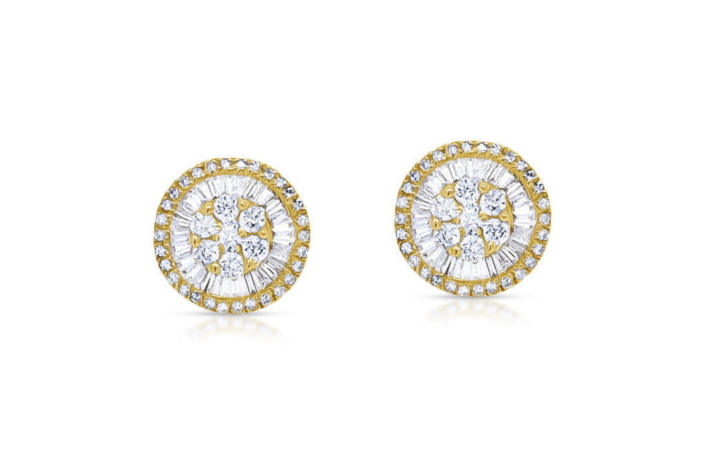 Earrings 18kt Yellow Gold Baguette & Round Diamonds Pizza