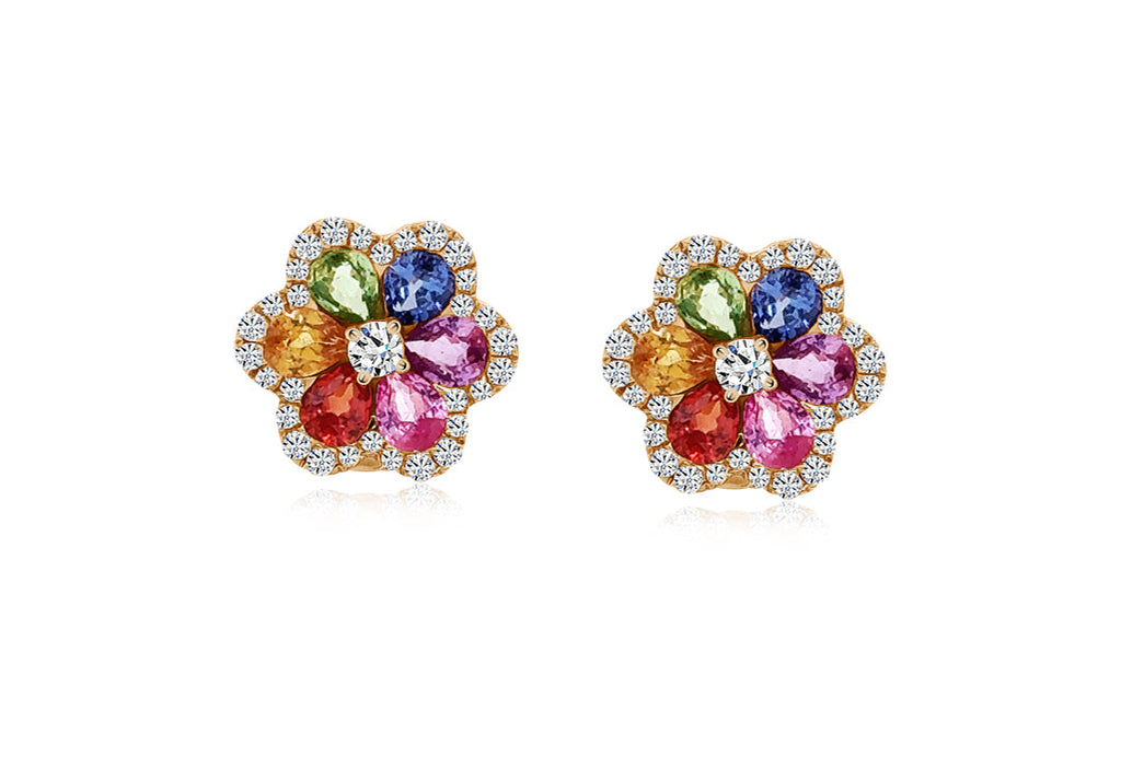 Earrings 18kt Rose Gold Flowers Multicolor Gemstones & Diamonds