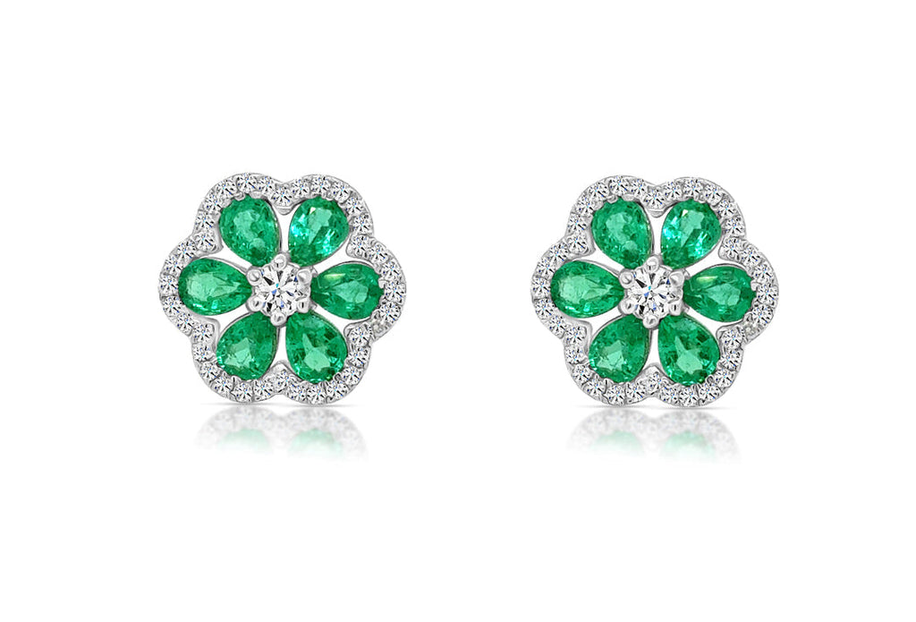 Earrings 18kt White Gold Flowers Emeralds & Diamonds