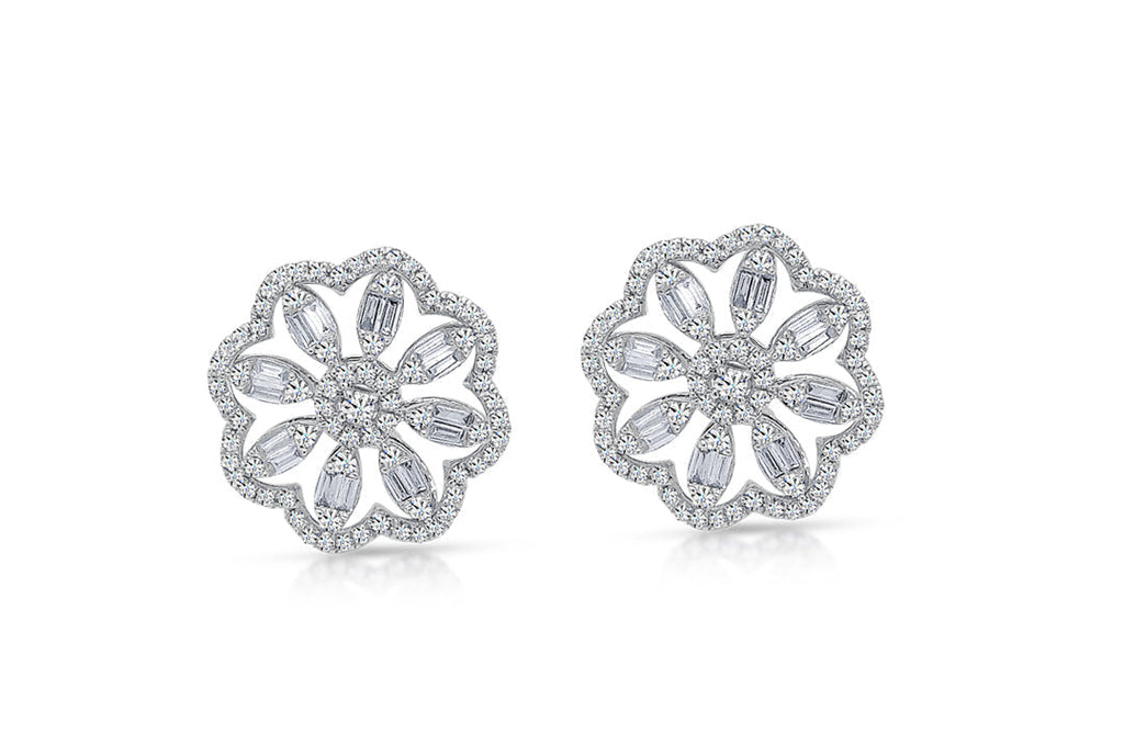 Earrings 18kt White Gold Flowers Baguette & Round Diamonds