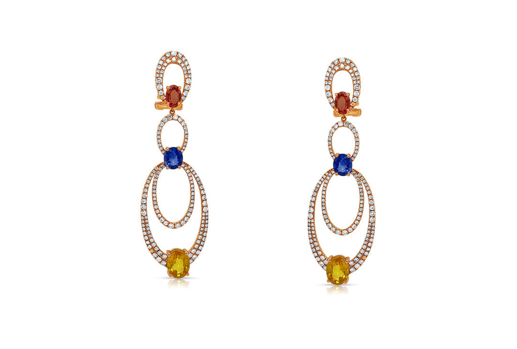 Earrings 18Kt Rose Gold Oval Drop with Multicolor Sapphires and Diamonds