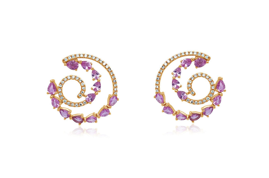 Earrings 18kt Rose Gold Spiral Design Pink Sapphire & Diamonds