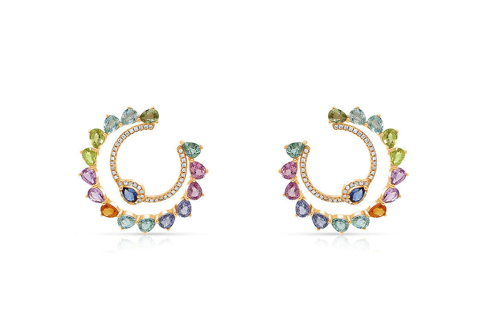 Earrings 18kt Rose Gold C-Shaped Multicolor Sapphire & Diamonds