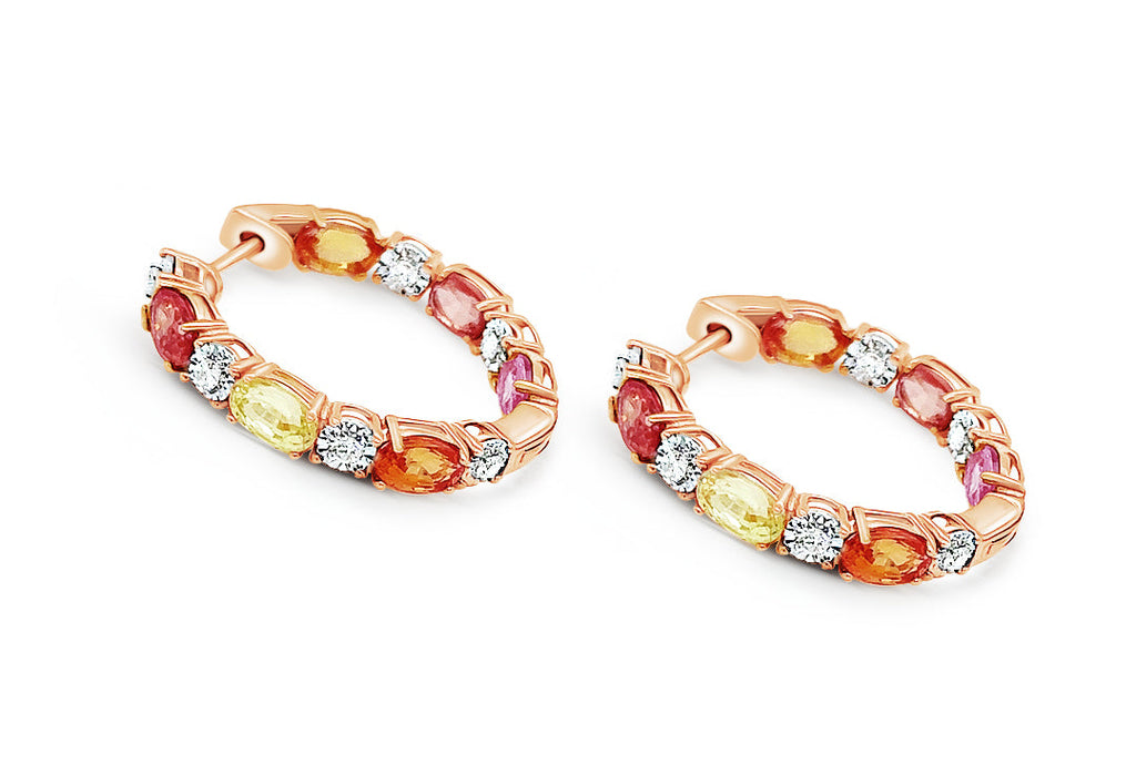 Earrings 14kt Gold Multicolor Oval Sapphires & Diamonds Hoops