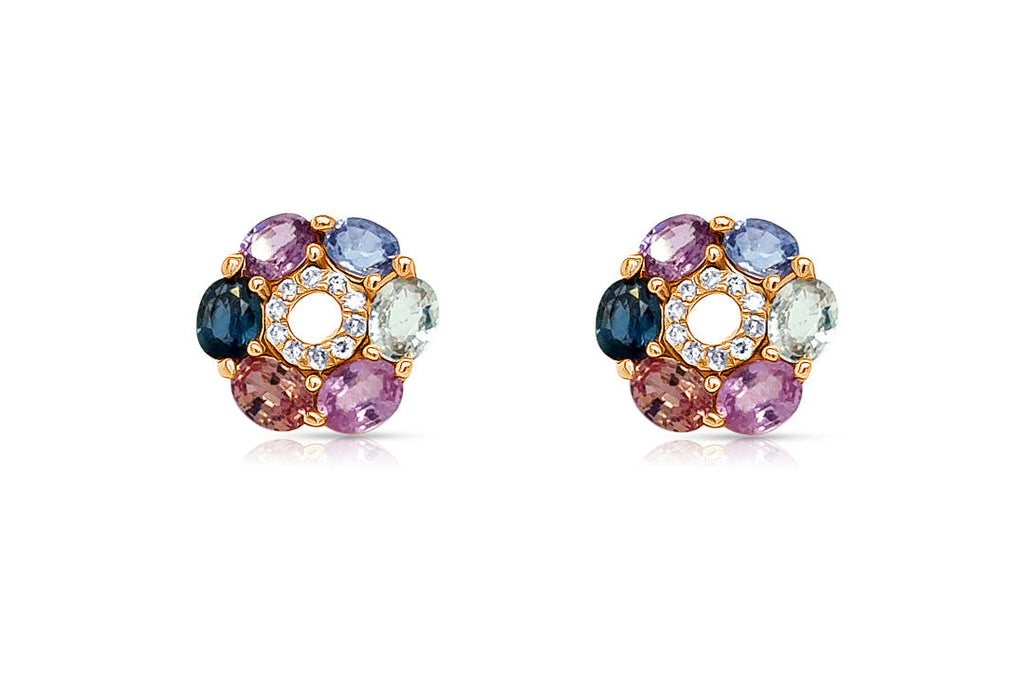Earrings 14kt Gold Multicolor Oval Flowers & Diamonds