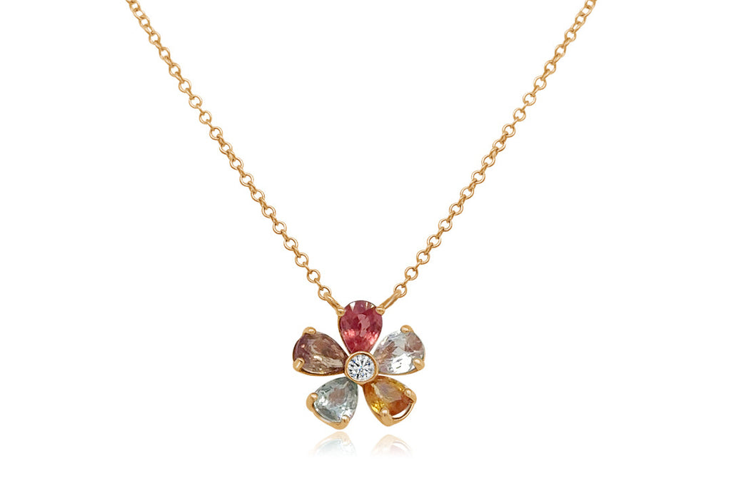 Necklace 14kt Rose Gold Multicolor Flower and Central Diamond