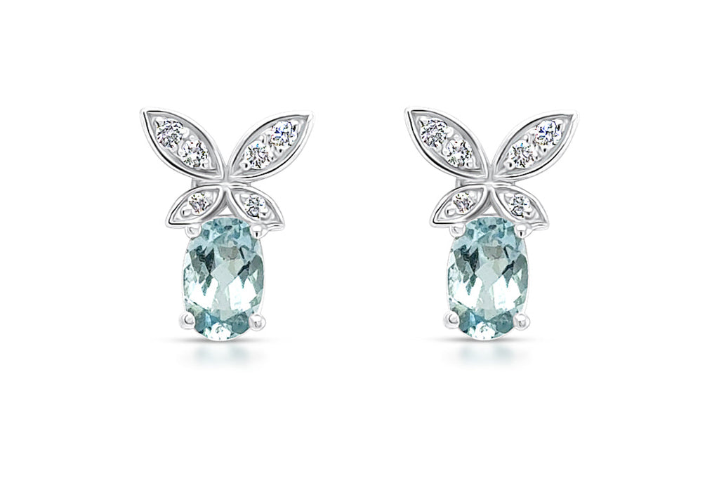 Earrings Platinum Oval Aquamarine & Diamonds Butterfly