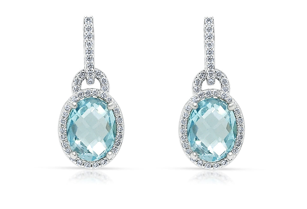 Earrings Platinum Blue Topaz Ovals with Diamonds Hoops