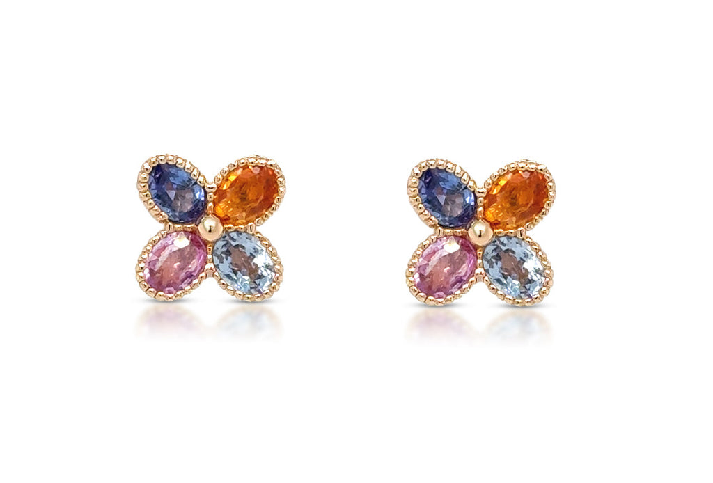 Earrings 14kt Rose Gold Multicolor Sapphires Flowers