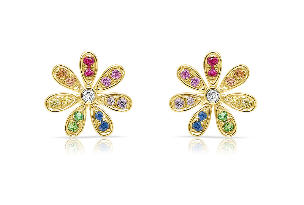 Earrings 14kt Gold Multicolor Sapphires & Diamonds Flowers