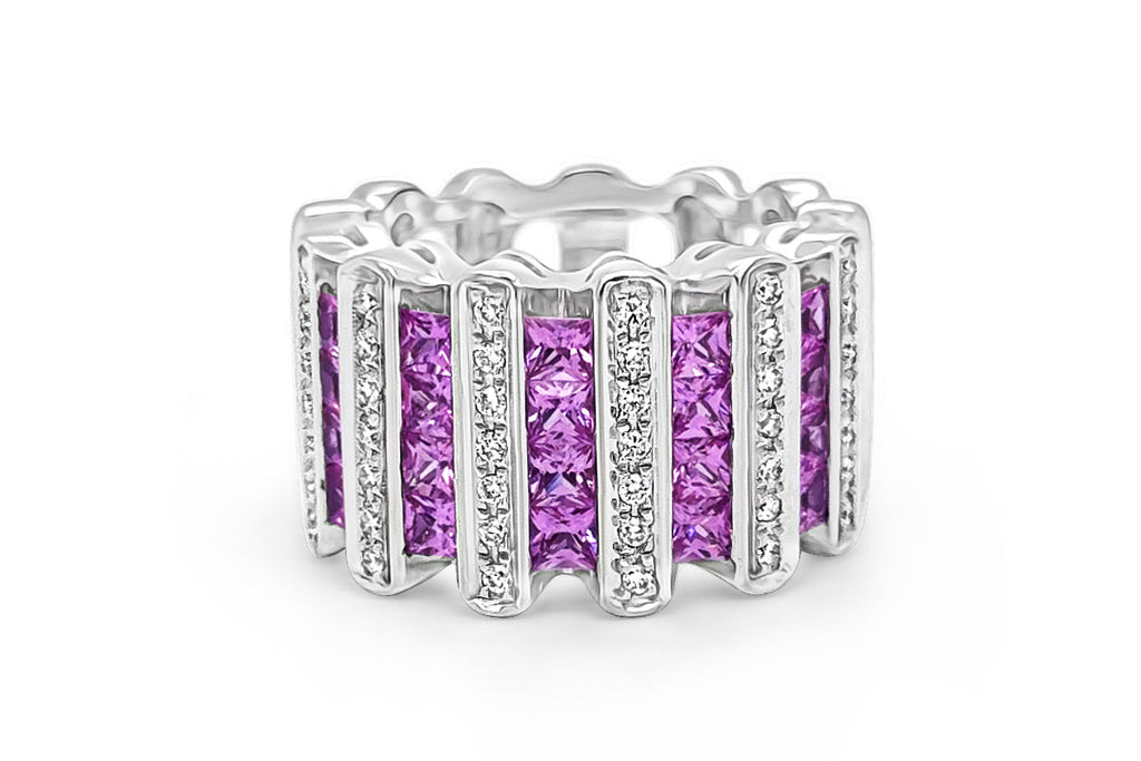 Ring 18Kt Gold Diamonds and Princess Cut Pink Sapphires