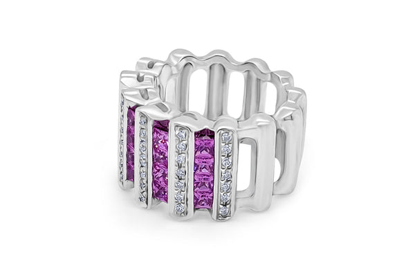 Ring 18Kt Gold Diamonds and Princess Cut Pink Sapphires