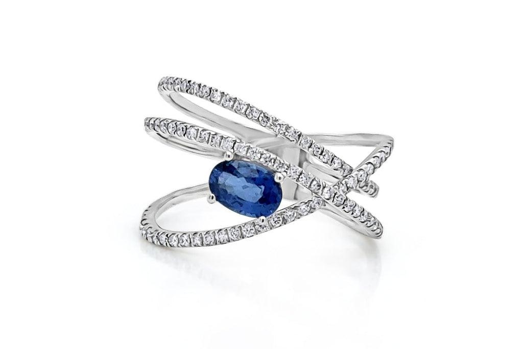 Ring 14kt Gold Oval Sapphires & Diamonds Criss-Cross