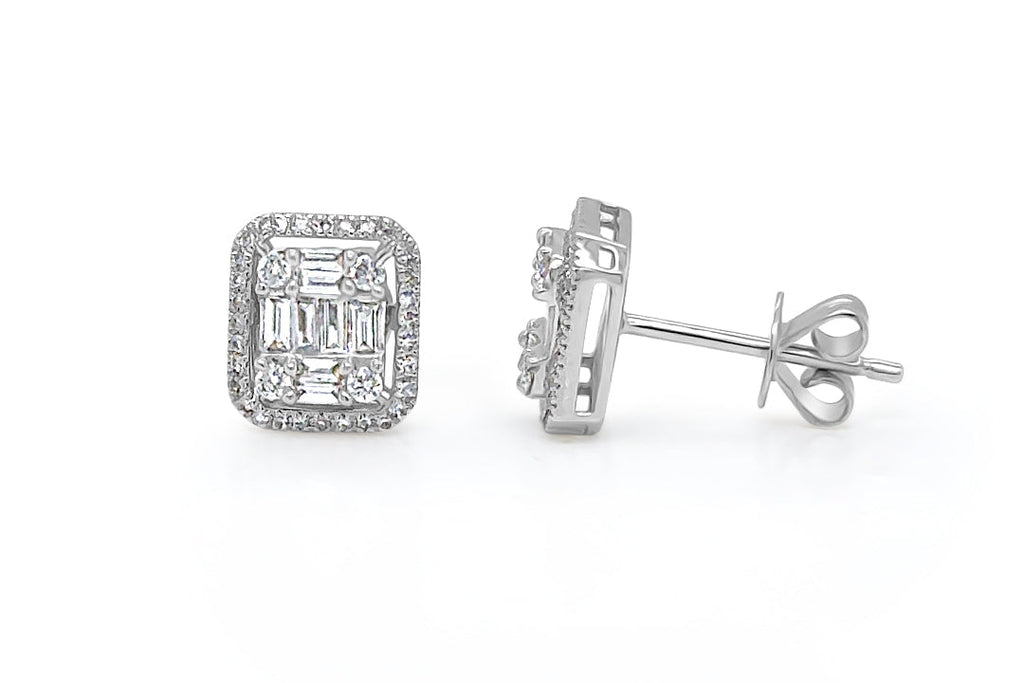 Earrings 18kt White Gold Emerald Illusion Diamonds Halo Studs