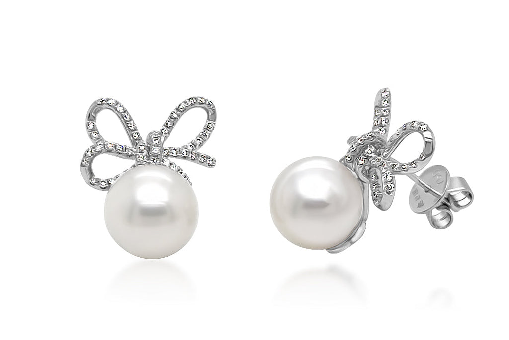 Earrings 18kt Gold South Sea Pearl and Bows with Diamonds