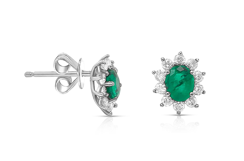 Earrings 18kt White Gold Oval Emeralds & Diamonds Studs