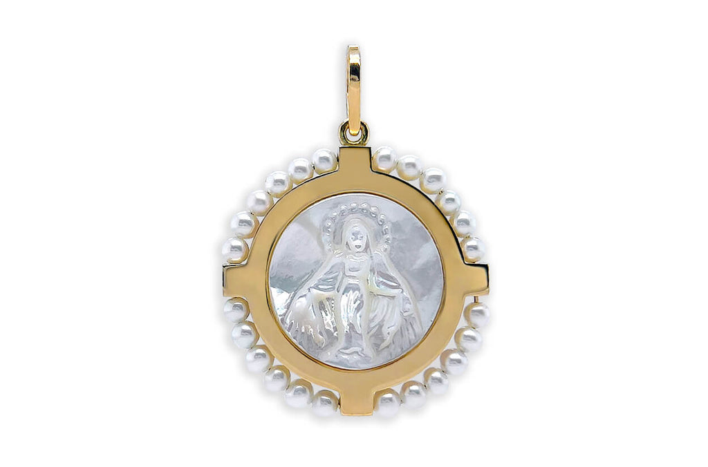 Medal 18kt Gold Cross Mother Pearl Miraculous & Pearls Pendant