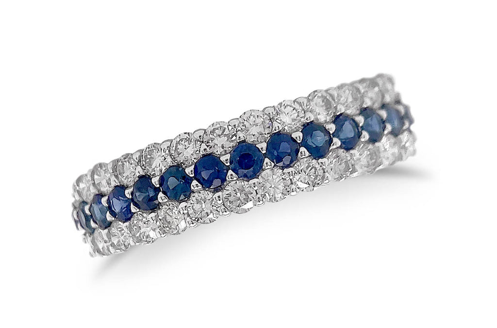 Ring 18kt Gold 3-Row Band Blue Sapphires & Diamonds