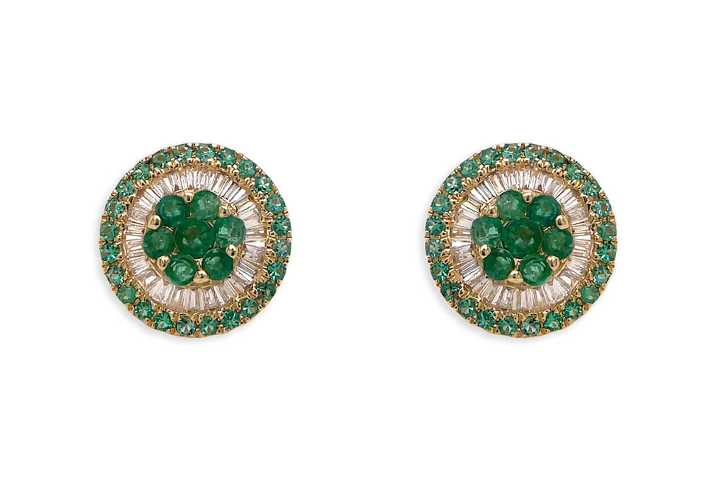 Earrings 18kt Gold Center-Border Emeralds & Diamonds Pizza