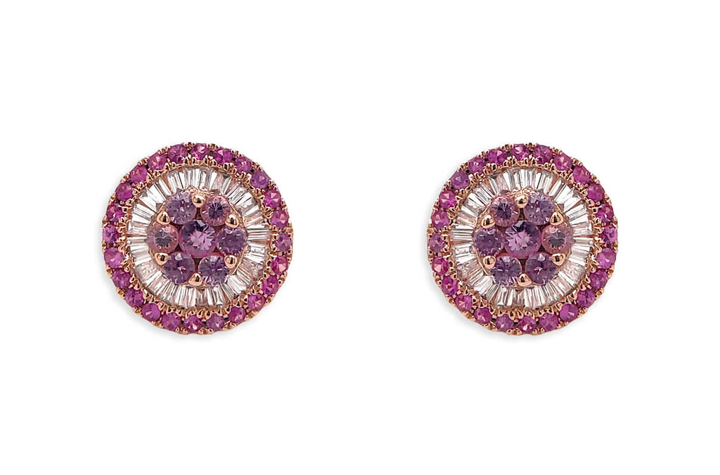 Earrings 18kt Gold Center-Border Pink Sapphires & Diamonds Pizza