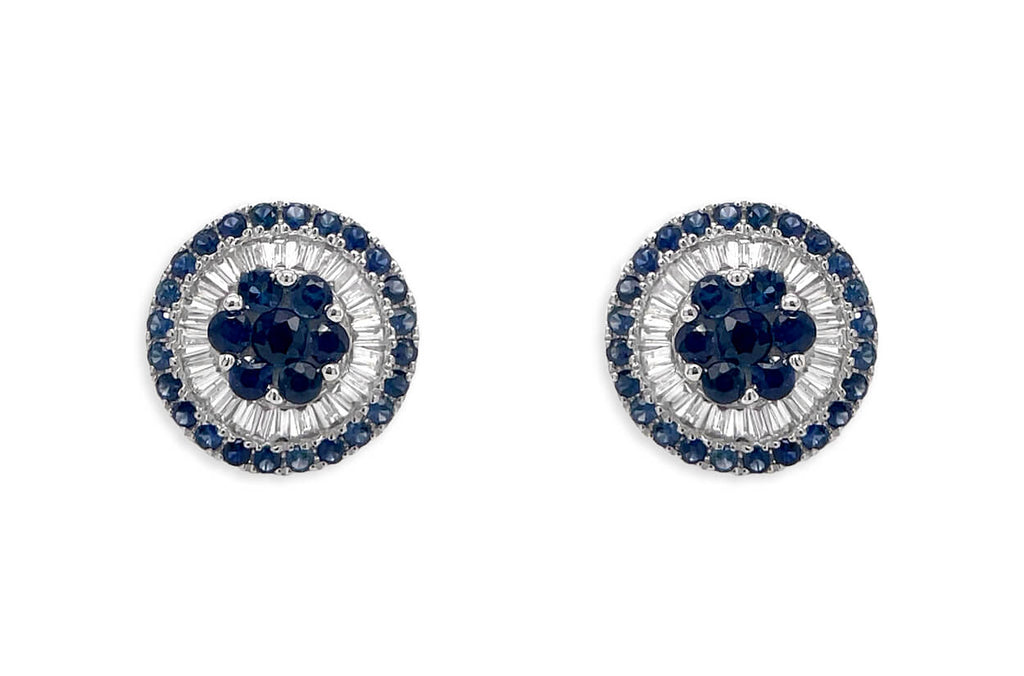 Earrings 18kt White Gold Center-Border Blue Sapphires & Diamonds Pizza