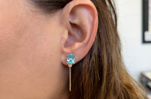 Earrings 18kt Gold Oval Blue Topaz Chain & Diamonds Studs